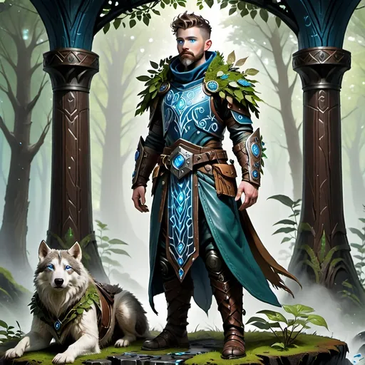 Prompt: tall, human, male Druid with short hair, dark beard vibrant blue eyes wearing leather armor, full body view