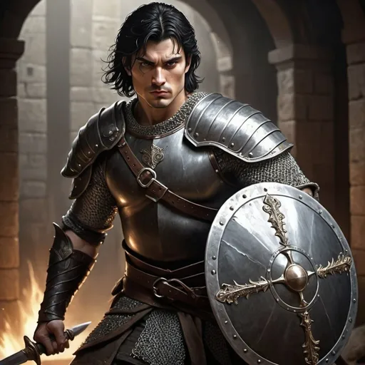 Prompt: Realistic, life-like illustration of a large male, short black hair, holding a longsword and shield, detailed facial features, high quality, realistic, fantasy, detailed hair, muscular build, professional lighting, detailed chain mail armor, intense gaze, rugged appearance, dynamic pose, earthy tones, atmospheric lighting