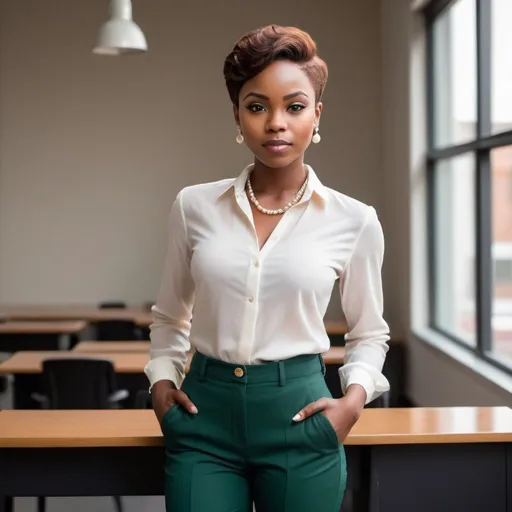 Prompt: a powerful and confident Modern African woman in her 20's.  She has a beautifully relaxed tapered pixie haircut, cocoa brown skin, with warm tones. her eyes reflect kindness and fierce determination. She is dressed in professional attire that exudes both style and authority - well-fitted hunter green trousers, a crisp white blouse. her accessories are minimal yet very elegant with medium pearl earrings and a delicate necklace.  Her posture is confident and commanding: she stands tall with her shoulders back. she is in an environment that reflects her in a college setting with a STEM graduate.