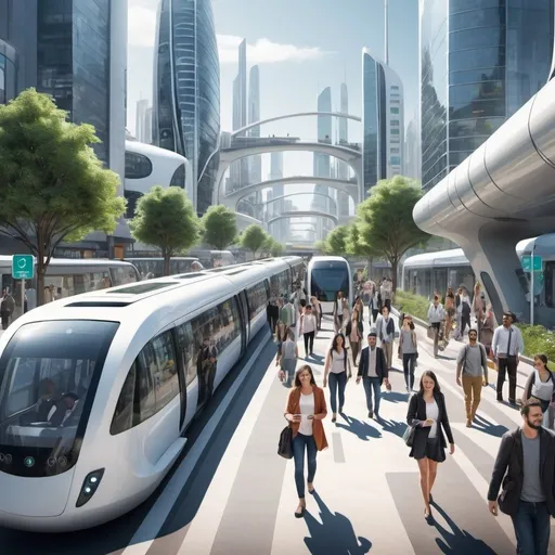 Prompt: Photorealistic futuristic city, clean and eco-friendly, smiling commuters, diverse transport options, technology in hand, people using navigation machines, high quality, photorealism, futuristic, eco-friendly, smiling people, diverse transportation, technology, navigation machines, clean city, cityscape, modern urban living, sustainable environment, advanced technology, urban transportation, happy commuters