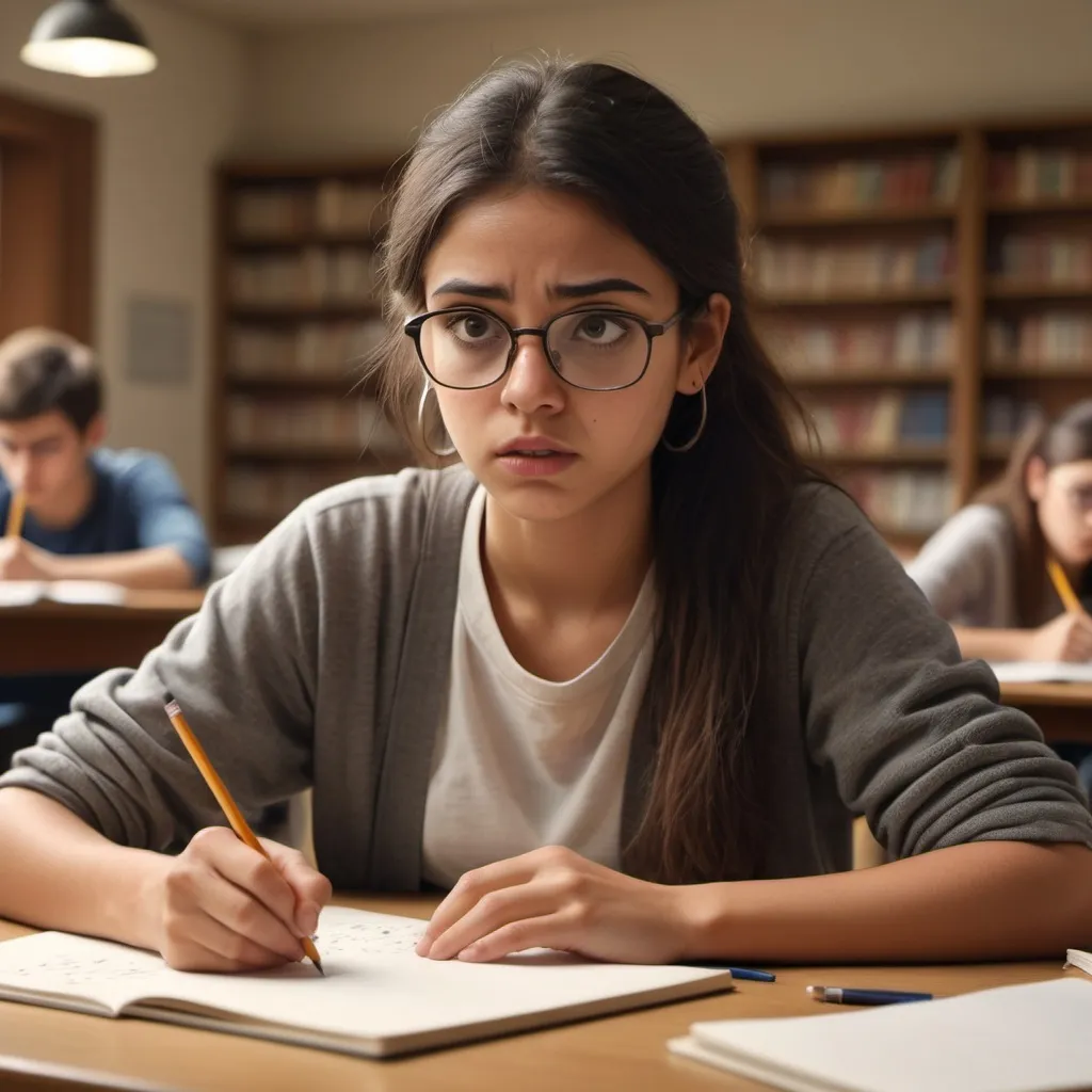 Prompt: a university student with a pencil looking confused while trying to write a sentence correctly