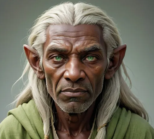 Prompt: photo, a sage who have very deep wrinkles on face, double eye lids, green eyes, very dark skin, long hair, dark, soft light, front, solid color, only one person, 3d render, not carrying things, front view, normal ears, close up