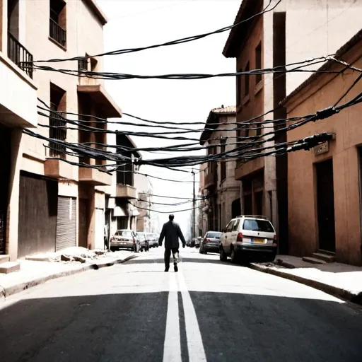 Prompt: A view of a street with cables everywhere and a man trapped between cables

