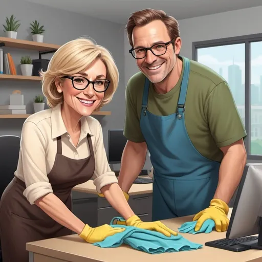 Prompt: A 40 year old man with dark blond hair and dark glasses is cleaning a workspace with a 55 year old woman with short blond hair and a big smile.
cartoon style, woman doesn't wear glasses.
Only the man wears glasses.