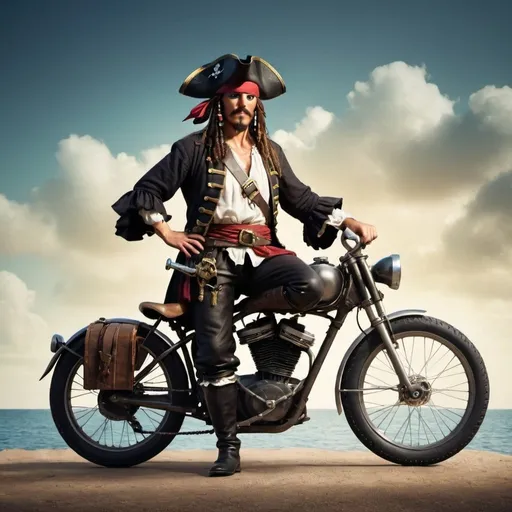 Prompt: Create an image of a pirate on a bike