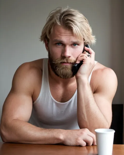 Prompt: beefy hairy norwegian man, beard, tanktop, white briefs, sitting on table, inviting look, phone talking, highly detailed, blonde hair, blonde body hair