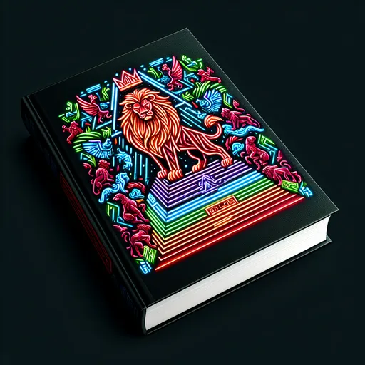 Prompt: Logo art. Neon colours. Black background. Lines like a neon sign.

On the cover of a white book, a fierce red lion stands atop a pyramid of black books. At the foot of the pyramid is an audience of mythological creatures.

"KS LEON" is the title, front and centre.