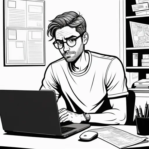 Prompt: Black and white line art half total portrait of a guy in his 30's, sitting at his desk in front of his laptop, checkking mails. Style of a comic.
