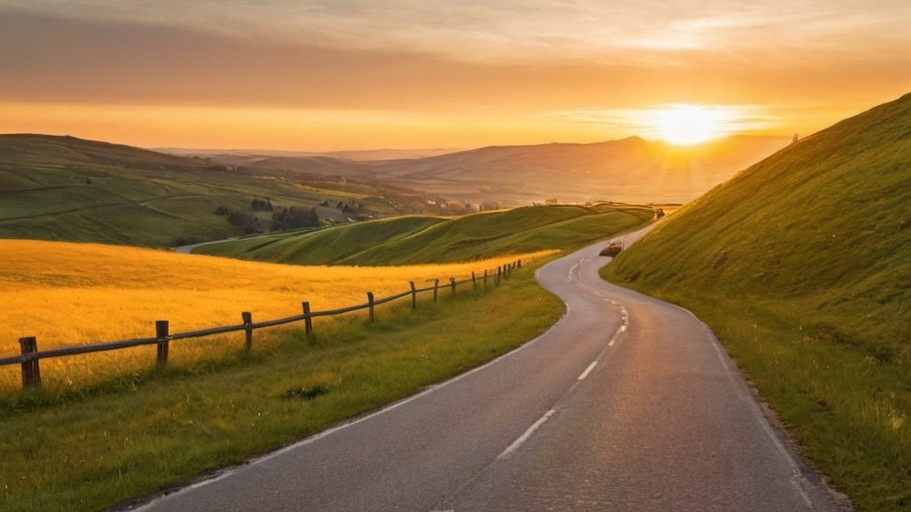 Prompt: A golden sunset at the end of a long winding road with meadows and hills on either side