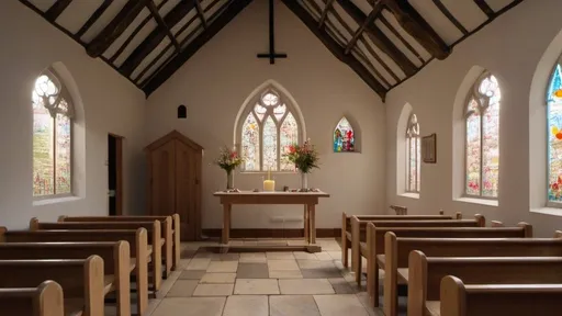 Prompt: A small rustic church with light coming through stained glass windows, decorated for a wedding with a flower arch at the altar. The floor is open with no pews or seats
