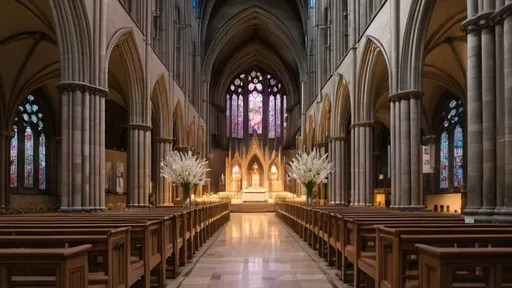 Prompt: A large cathedral with light coming through stained glass windows, with a flower arch at the alter for a wedding. The floor is open with no pews or seats
