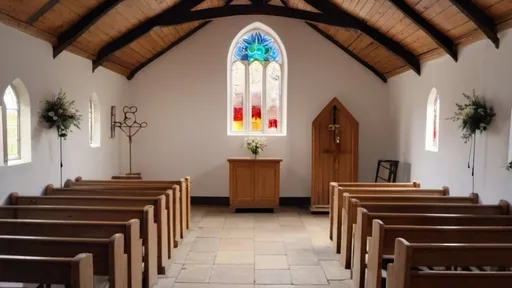 Prompt: A small rustic church with light coming through stained glass windows, with a flower arch at the alter for a wedding. The floor is open with no pews or seats
