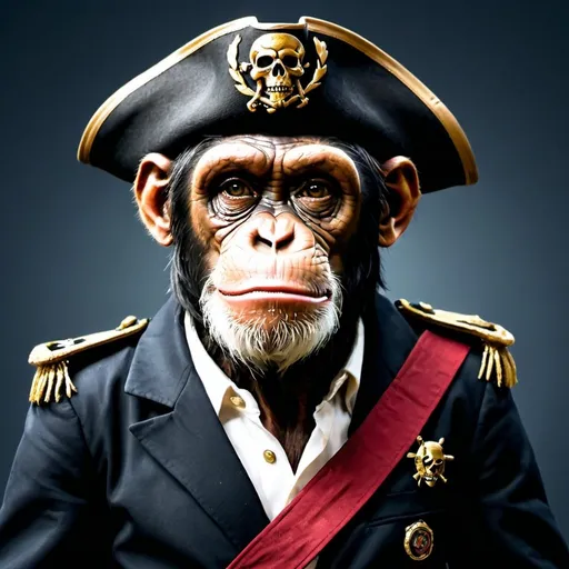 Prompt: Chimpanzee pirate captain portrait, with patch over left eye.  formal pose
