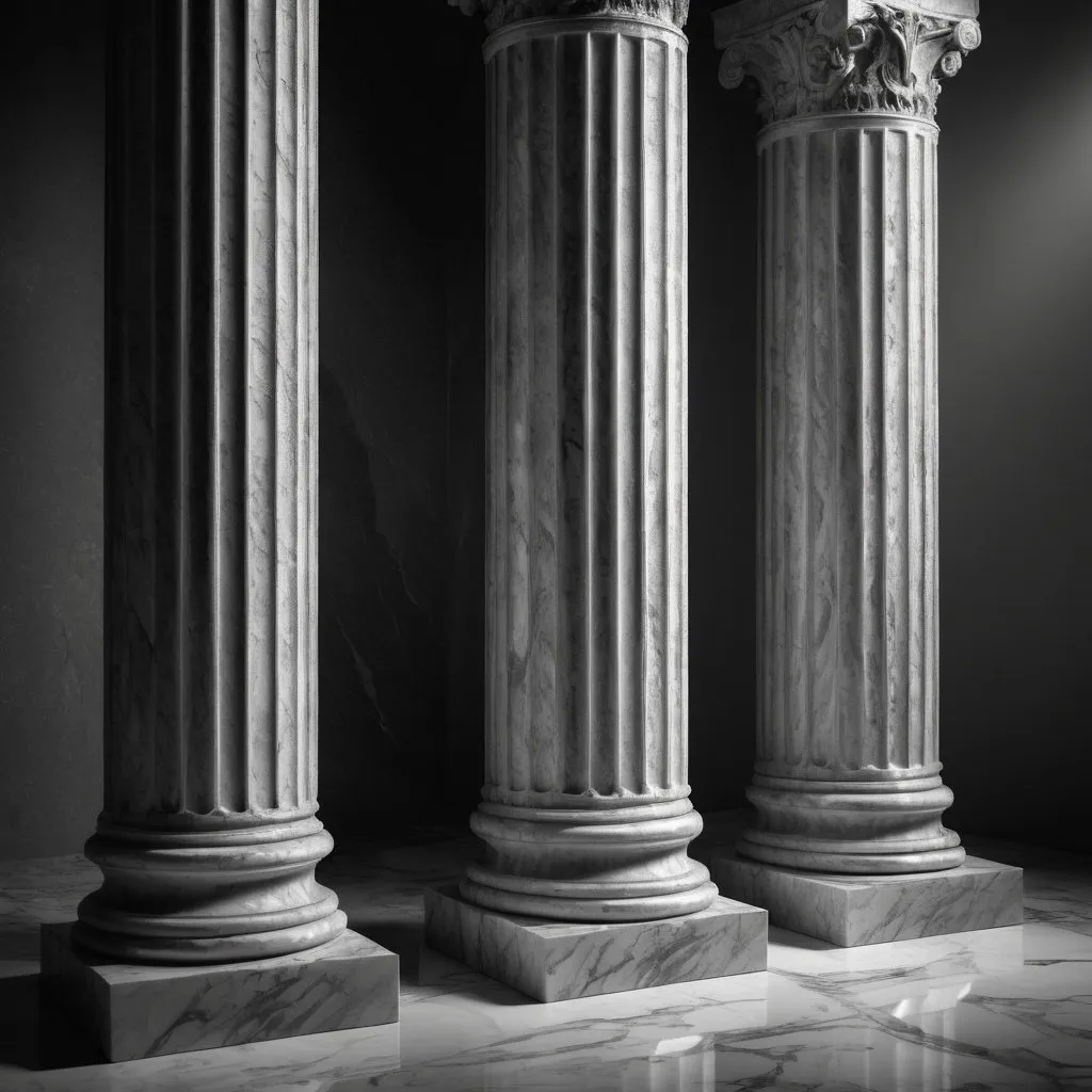 Prompt: Three single grey pillars in a Roman style, marble material, weathered texture, high quality, realistic, ancient architecture, monochrome, dramatic lighting