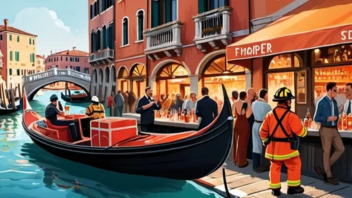 Prompt: cartoon illustration Bustling Venice scene, Ponte Rialto small bar, vibrant colors, people enjoying Aperol Spritz, firefighter boat docking, firefighter in full gear, speech bubble 'Il pompiere paura non ne ha', lively atmosphere, highres, detailed, colorful, Venetian, vibrant, busy, festive, firefighter's costume, professional, atmospheric lighting - please make a speachbubble
