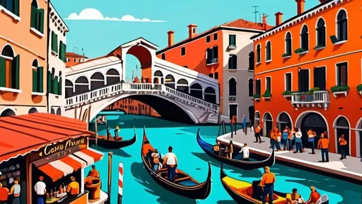 Prompt: Cartoon illustration of a bustling Venice scene, vibrant colors, Ponte Rialto small bar, people enjoying Aperol Spritz, fire figther boat docking with firefighter with firefighter clothing on, speech bubble on a man in front of the bar: "Il pompiere paura non ne ha" lively atmosphere, cartoon style, vibrant colors, detailed architecture, charming canals, energetic vibe, artistic, lively, cheerful, colorful, detailed, vibrant, cartoon, Venice, Ponte Rialto, Aperol Spritz, lively atmosphere, cheerful people, charming canals, fire boat, vibrant colors, detailed architecture, artistic, energetic vibe