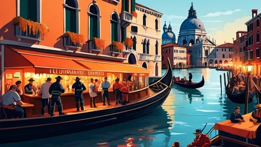 Prompt: cartoon illustration Bustling Venice scene, Ponte Rialto small bar, vibrant colors, people enjoying Aperol Spritz, firefighter boat docking, firefighter in full gear, speech bubble 'Il pompiere paura non ne ha', lively atmosphere, highres, detailed, colorful, Venetian, vibrant, busy, festive, firefighter's costume, professional, atmospheric lighting