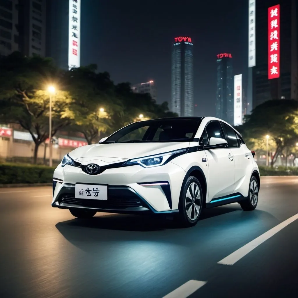 Prompt: Toyota electric car driving in Chinese city at night