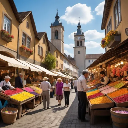 Prompt: Picture a vibrant, bustling street market in a quaint, historical European village. The scene is set on a sunny afternoon, with golden sunlight bathing the cobblestone streets and illuminating the charming, centuries-old buildings that line the marketplace. The architecture is a mix of half-timbered houses, colorful facades, and flower boxes brimming with blooms, creating a picturesque backdrop.


Shoppers meander through the market, engaging in animated conversations with the vendors. A young couple shares a laugh as they sample a piece of fruit, an elderly man with a well-worn hat inspects a handcrafted piece of pottery, and a group of children eagerly point at a stall selling colorful candies and sweets. The diversity of people adds a sense of community and liveliness to the scene.

Street musicians play lively tunes nearby, their music adding a cheerful soundtrack to the market. A violinist plays a melodious tune, while an accordion player provides a rhythmic accompaniment. The joyful notes float through the air, enhancing the vibrant atmosphere.

In the background, an ancient clock tower rises above the buildings, its hands frozen in time, adding a touch of historical charm. The sky is a brilliant blue, with fluffy white clouds lazily drifting by, and swallows swoop and dart overhead, their movements swift and graceful.

This bustling market scene, rich with colors, textures, and lively interactions, captures the essence of a vibrant community gathering in a picturesque setting. It evokes a sense of joy, connection, and the timeless charm of a historical village, making it an image that many would find enchanting and heartwarming.