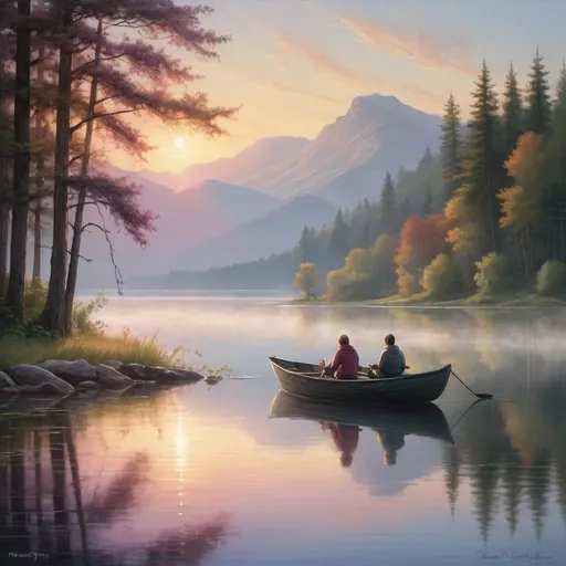 Prompt: Imagine a picturesque, serene lakeside scene at sunrise. The setting is a secluded, crystal-clear lake surrounded by dense, vibrant greenery. Tall pine trees frame the edges, their reflections perfectly mirrored in the still water. The sky is a gradient of warm colors, transitioning from deep purples and blues of the early dawn to the golden hues of the rising sun, casting a soft, magical light over the entire landscape.

In the foreground, there is a wooden pier extending out into the lake, weathered and aged, adding a touch of rustic charm. At the end of the pier, a person sits cross-legged, wrapped in a cozy blanket, gazing out at the horizon. They hold a steaming mug of coffee, the steam swirling gently in the cool morning air. Their posture exudes calm and contemplation, inviting the viewer to share in this moment of tranquility.

Floating on the lake, a pair of graceful swans glides by, their feathers catching the early light and creating ripples that gently disturb the water's surface. Near the shore, a small rowboat is tethered, hinting at potential adventures or quiet explorations of the serene waters.

In the background, mist rises from the lake, adding an ethereal quality to the scene. The distant mountains loom, their peaks just catching the first light of day. Birds are captured mid-flight, silhouetted against the colorful sky, adding life and movement to the scene.

The entire composition combines elements of nature, solitude, and serenity, creating a peaceful and captivating image that resonates with a sense of calm and the beauty of the natural world. This scene, rich in detail and atmosphere, would likely captivate and be loved by many for its universal appeal and soothing qualities.