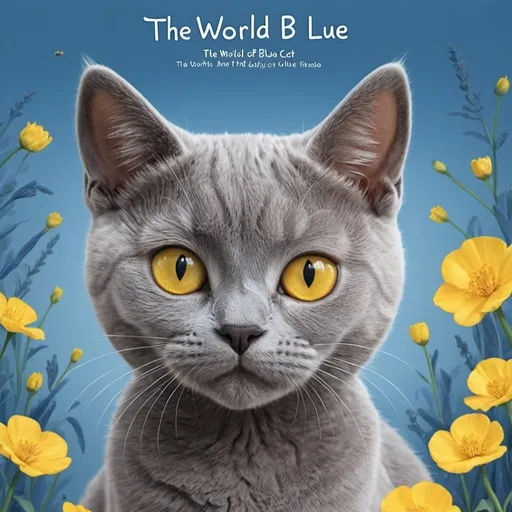 Prompt: children's picture book cover for british short hair blue cat with yellow eyes called "The World of Blue"