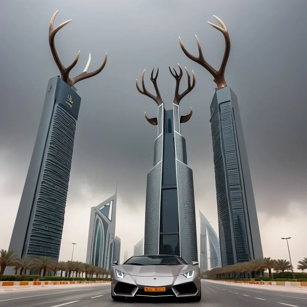 Prompt: the tallest building, abu dhabi, deer antlers, dada, rodchenko, dark bad weather, grey scale, lamborghinis