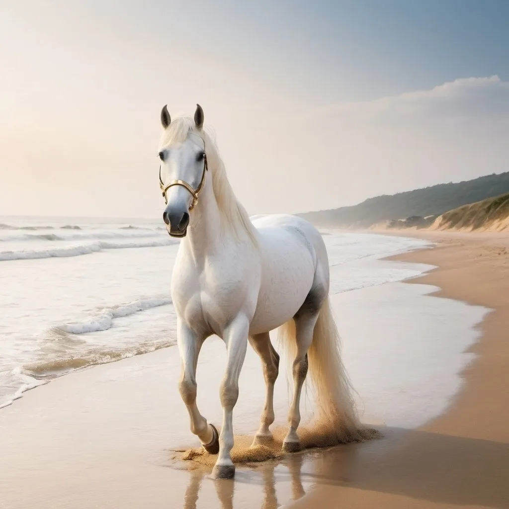 Prompt: A beach with gold sand and elegant white horse