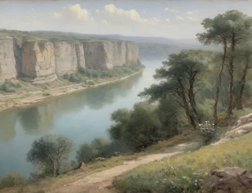 Prompt: Oil painting, Rembrandt, A tranquil river winds through a lush, green landscape, framed by steep, rocky cliffs that rise dramatically in the background. Sunlight filters through the canopy of verdant trees, casting dappled reflections on the glassy surface of the water, where pebbles are visible beneath the clear depths. A few fluffy clouds drift lazily across a sky painted in soft blues, hinting at an idyllic afternoon. The scene is peaceful, evoking a sense of serenity and connection with nature, as the stillness of the water mirrors the vibrant greenery and bold rock formations that surround it. The overall composition draws the eye towards the harmonious blend of natural elements, creating a picturesque moment in the heart of the wilderness, Warm colour scheme, pastel flaming vernal colours, aged textures, soft lighting, a sense of modernism, modern arrangement, modern atmosphere, detailed objects, worn surfaces, subtle shadows, impressionistic style, high quality, ultra-detailed, 4K resolution in the style of Martiros Saryan