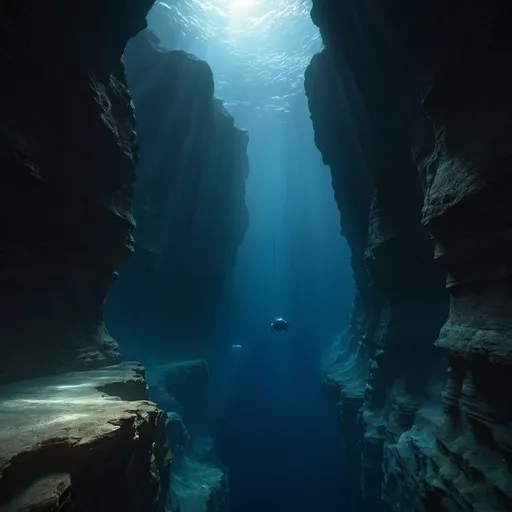 Prompt: A deep ocean canyon under the water. In the distance there is a light on a canyon wall.