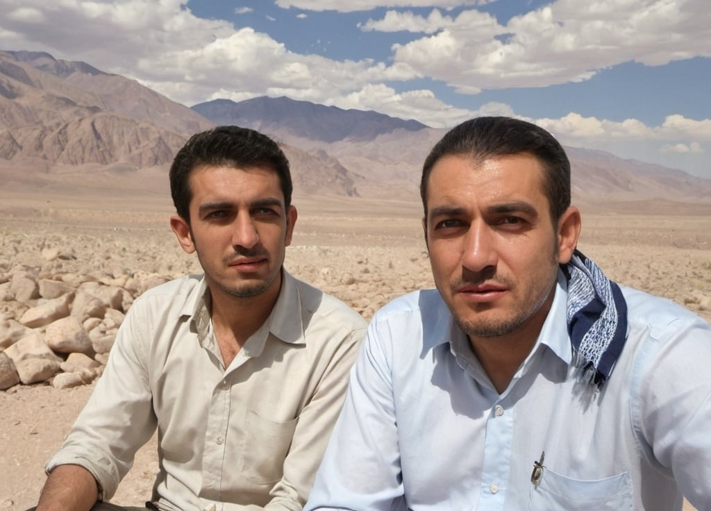 Prompt: two men sitting on a rock in the desert with mountains in the background and a blue sky with clouds, Amir Zand, incoherents, 150mp, a picture