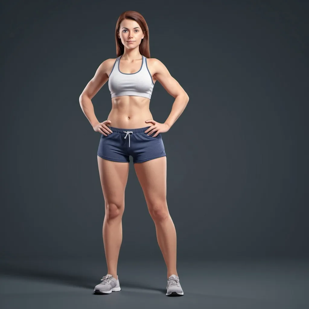 Prompt: Final Prompt for Female

Generate an accurate illustration of a female flat figure in gym shorts, front view with following spec:  
BMI = 36-40
Body Fat % =30% 
Height = 6ft 4in


Standing position Must be a whole body. one person only.