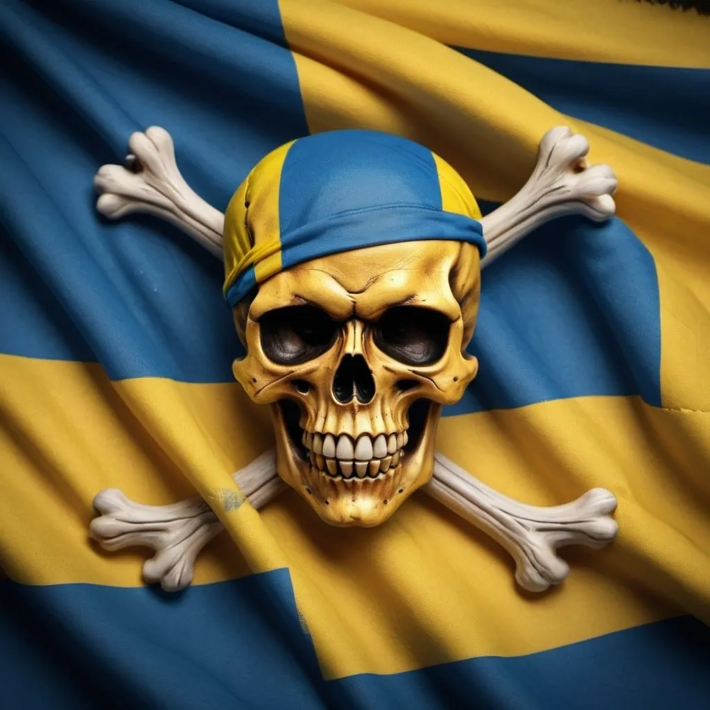 Prompt: A Jolly Roger Flag mixed with a Swedish flag