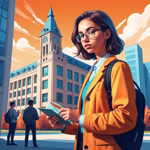 Prompt: Intriguing digital illustration of a student holding a micro-credential, curious employers and recruiters observing, university building in the background, high-resolution, professional digital art, modern digital style, vibrant and dynamic colors, focused lighting, valuable education, micro-credentials, student with credential, interested employers, reputable university, modern art, valuable qualifications, dynamic composition