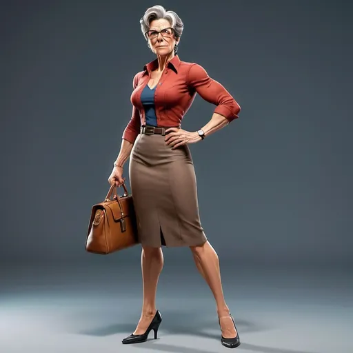 Prompt: Super May, a character Aunt May Parker , with a proportional physique, standing tall on the ground, ready for action, tight fitting blouse and skirt, high heels, with added muscle definition, an older face, and glasses, holding a purse, in an athletic stance , body facing forwards, with a confident expression, and defined core muscles, with a naturally curved waist. 

