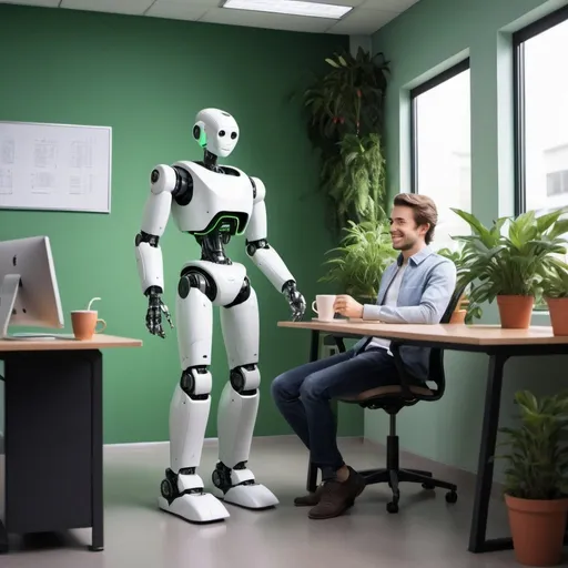 Prompt: an AI robot sitting in front of the computer back to us when the nice looking young man of the medium bidy composition stands by robot smiling, legs crossed abd drinking coffee from a small cup slighlly smiling. On the background there is the ofiice antourage with plants and office tables, with doors and corridirs and a light green wall with big  letters FLIX on it