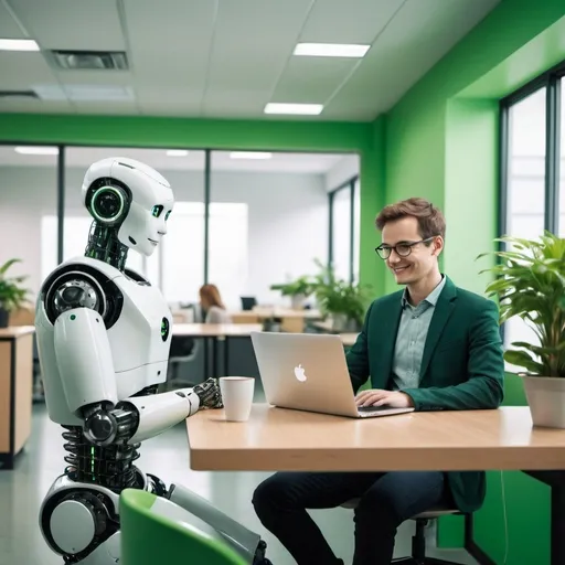 Prompt: an AI robot works on the computer in the office and beside him there is a nice looking young human - he stands by this robot, legs crossed, drinks coffee from a small cup slightly smiling. In the background there are tables, green office plants, light green walls.