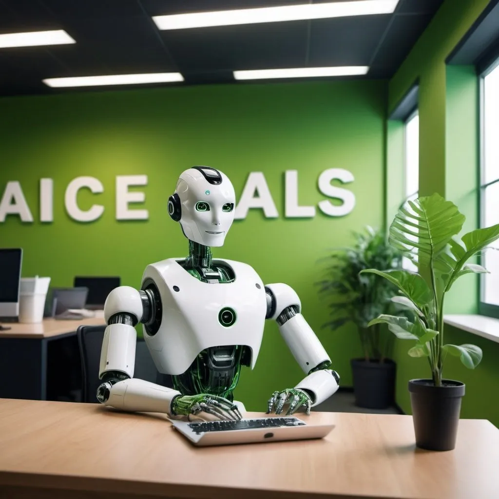 Prompt: an AI robot works on the computer in the office. Turned back to us. A nice looking young man stands by the same table, legs crossed, he drinks coffee from a small cup slightly smiling. On the background there is the office perspective - rows of tables, green office plants, corridors. There is also a light green wall on the background with big letters FLIX on it