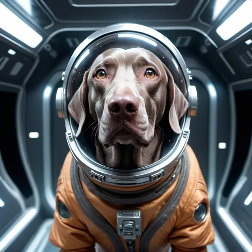 Prompt: a dark brown weimaraner dog floating weightless inside a spaceship. he looks very alarmed. he is now in a spacesuit with a glass helmet