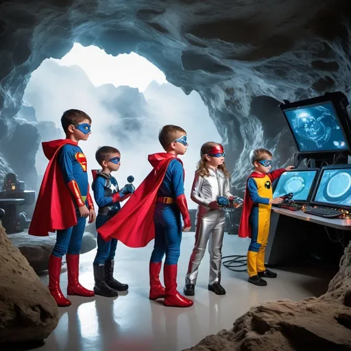 Prompt: five children dressed as the fabulous five superheroes doing experiments in their mountain cave high tech lab which is immense and filled with high tech gear. They each have a differently styled costumes. The lab is vast and filled with spacecraft and submersible vehicles and equipment that looks fusion reactors. THE FABULOUS FIVE RECEIVE A MYSTERIOUS MESSAGE ON THEIR GIANT SCREEN. THEY ARE WEARING THE SAME COSTUMES AS BEFORE
