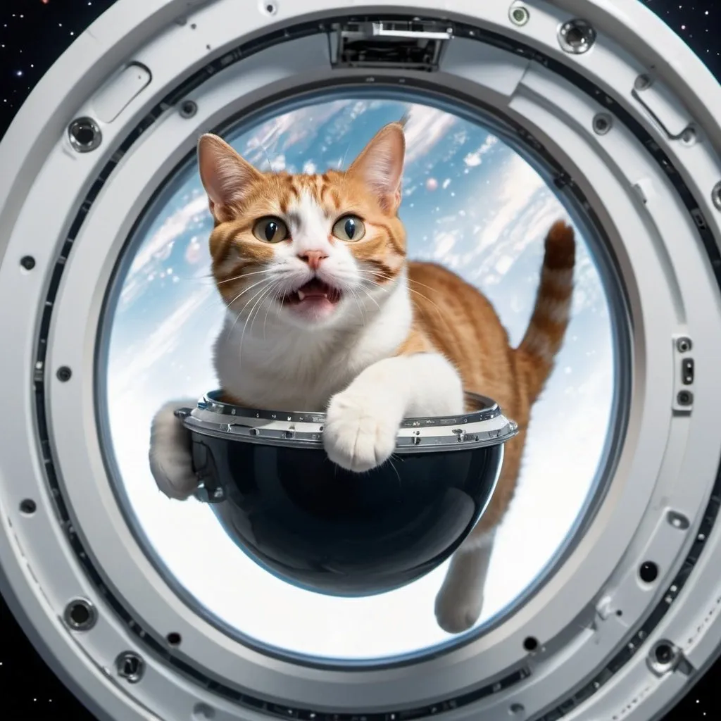 Prompt: a cat  floating around in microgravity within the spaceship. it is not enjoying the sensation of floating