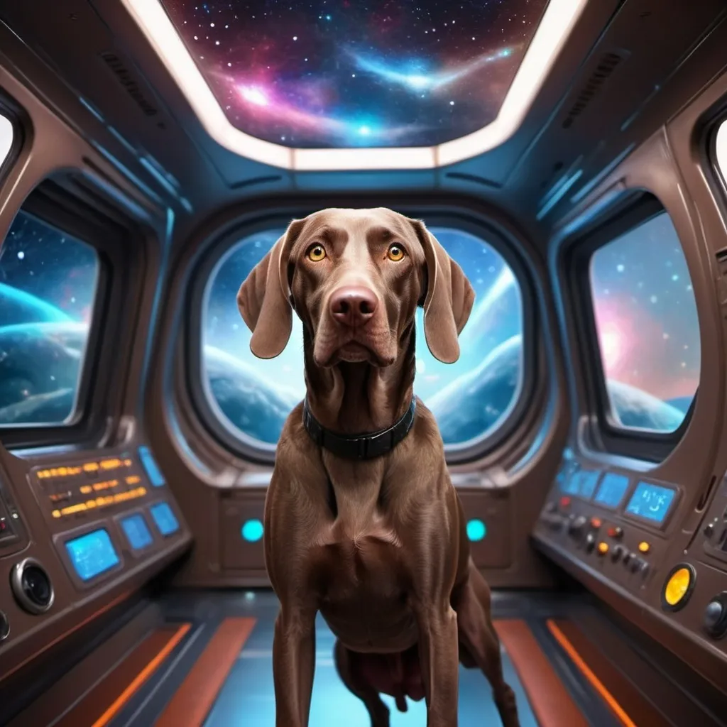 Prompt: a dark brown weimaraner dog floating weightless inside a spaceship. he looks very alarmed