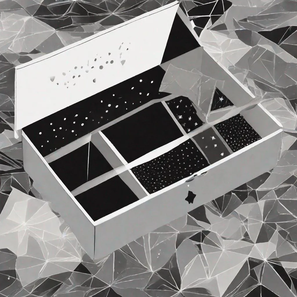 Prompt: Minimalist treasury box opened, out come the seven secrets in stars and shimmers. All in black and white and grey, silhouette,straight lines, flat