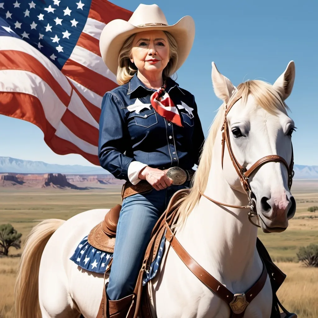 Prompt: Create an illustration of Hillary Clinton dressed as a cowgirl, sitting confidently on horseback. She should be holding a stars and stripes flag, with the flag waving proudly in the wind. The setting should be a picturesque American Western landscape, with wide open plains and a bright, clear sky.”