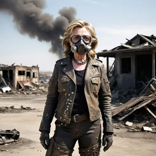 Prompt: “Hillary Clinton, dressed in a rugged, post-apocalyptic outfit inspired by Mad Max, stands in a desolate wasteland. She wears a weathered leather jacket with metal studs, torn pants, and heavy combat boots. A gas mask with diamonds covers her face, with steely eyes visible through the lenses. Her hair, partly covered by the mask, is disheveled. In the background, the sky is dark and smoky, with remnants of destroyed buildings and abandoned vehicles scattered around. The overall scene exudes a gritty, dystopian atmosphere.”
