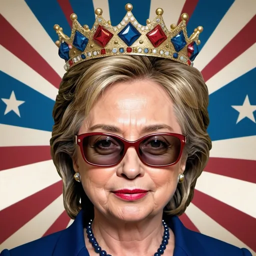 Prompt: Hillary clinton ad Queen of the USA, with crown and sunglasses. Realistic. Add some trump head earrings. 