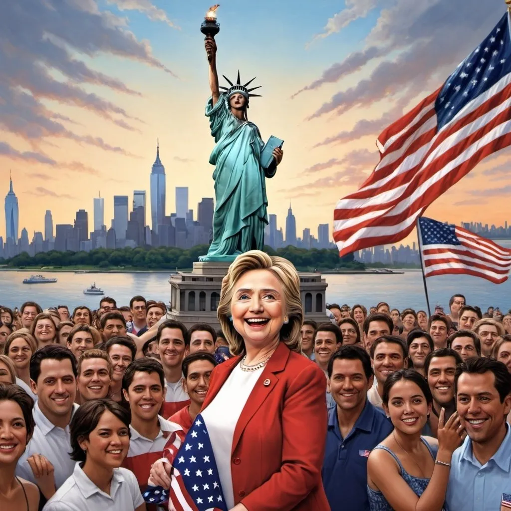 Prompt: hillary clinton, happy 4th of july, patriotic, surrounded by people, Statue of Liberty in the back, skyline from new york! A banner saying "Happy 4th of July"