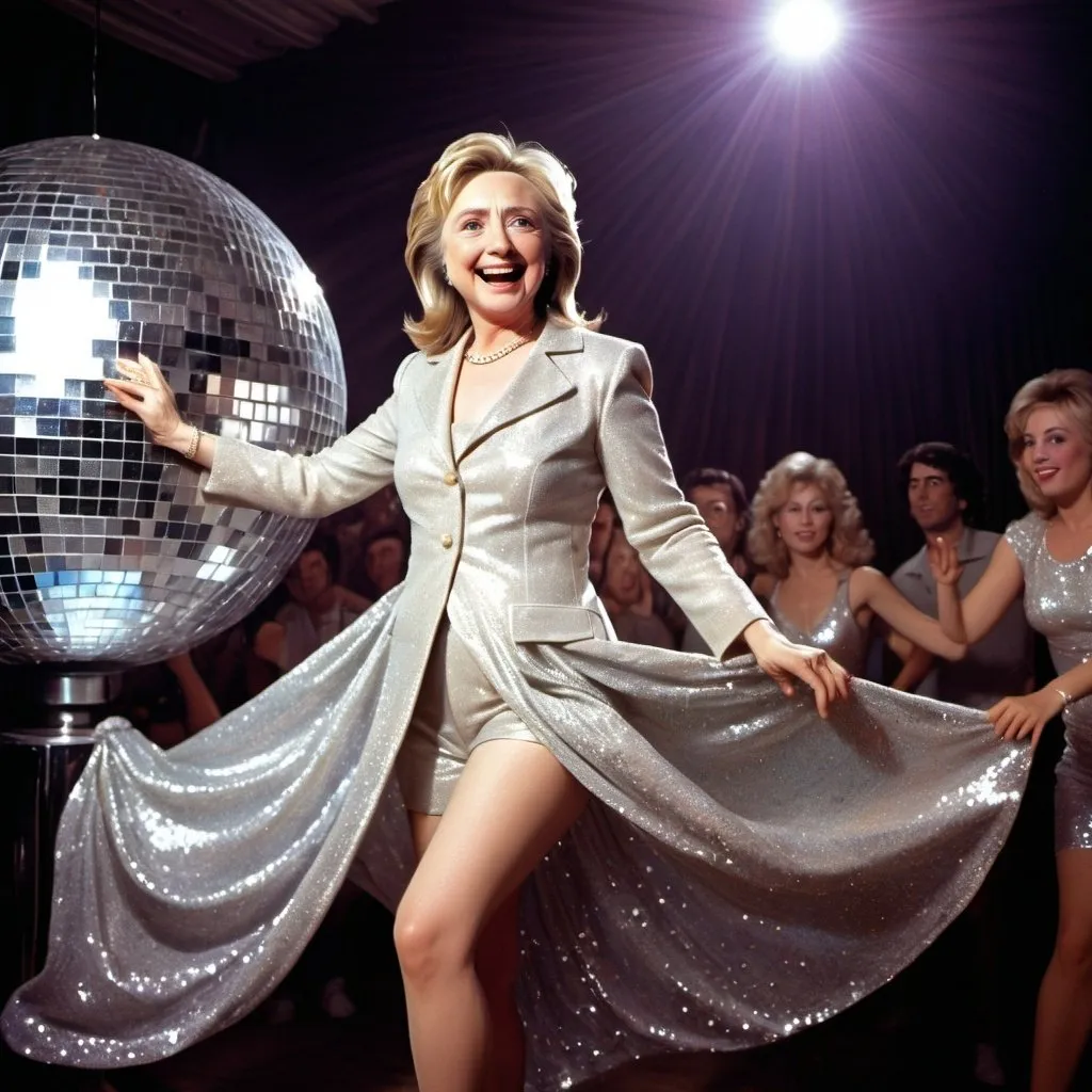 Prompt: Hillary Clinton is in Xanadu, A place where nobody dared to go.
The love that we came to know
They call it Xanadu (it takes your breath and it'll leave you blind)
And now, open your eyes and see
What we have made is real
We are in Xanadu (you dream of it, we offer you). dancing, very realistic, discotheque, dancing on a disco ball, glam, glitter, 
