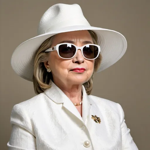 Prompt: Hillary Clinton all dressed in white with a hut and big sunglasses as portrait, very cool and posh