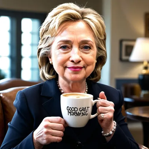 Prompt: Hillary clinton with a coffee in the hand, saying good morning, have a great week. Realistic