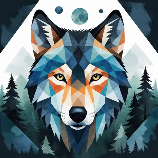 Prompt: Hoofdillustratie: Een abstracte, geometrische weergave van een wolf.
Details: De wolf is samengesteld uit strakke, scherpe lijnen en geometrische vormen. De vormen variëren van driehoeken tot parallellogrammen en zijn op een manier geplaatst dat het de contouren van de wolf accentueert.
Kleur: De wolf zelf is wit met dunne zwarte lijnen om de geometrische vormen te benadrukken. Enkele vormen zijn ingekleurd met tinten van blauw en grijs voor een subtiel contrast.
Achtergrond: Een subtiele aquarel achtergrond van een bos met bergen en een halve maan, om de natuurlijke omgeving van de wolf weer te geven. Deze achtergrond is in zachte tinten van groen, blauw en grijs, zodat het niet concurreert met de geometrische wolf.